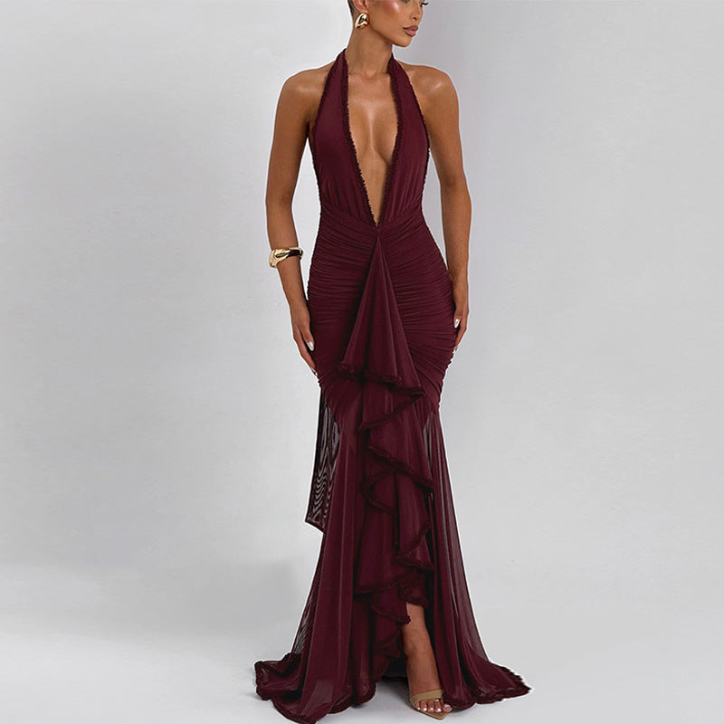 Plunging Ruffle Halter Maxi Dress Fonley