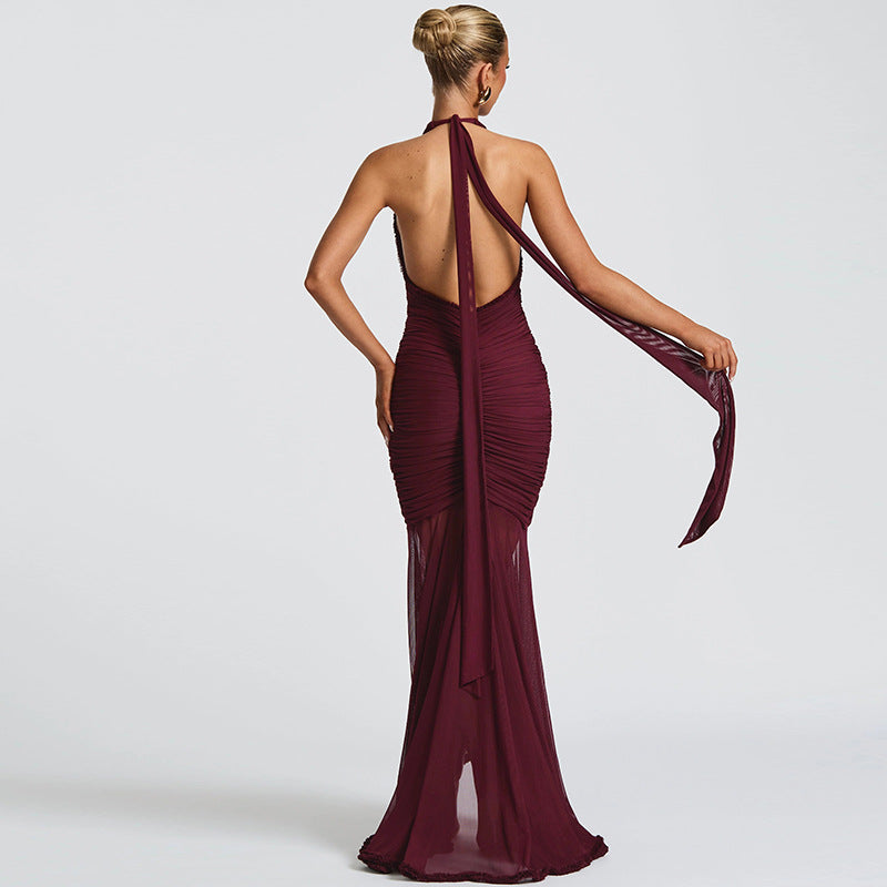 Plunging Ruffle Halter Maxi Dress Fonley