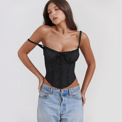 Lace Trim Strap Slim Fit Crop Top|Color:Black