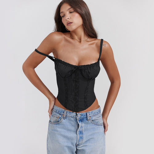 Lace Trim Strap Slim Fit Crop Top|Color:Black