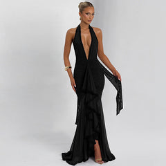 Plunging Ruffle Halter Maxi Dress Fonley|Color:Black