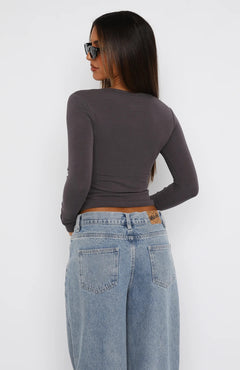 Button Detail V-Neck Long Sleeve T-Shirt|Color:Gray