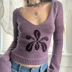 Floral V-Neck Cropped Knit Sweater|Color:Purple
