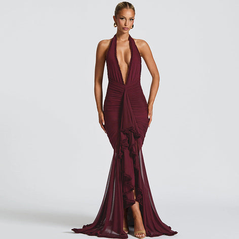 Plunging Ruffle Halter Maxi Dress Fonley