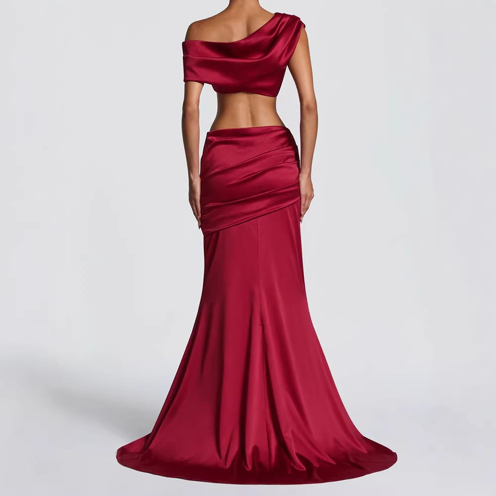 Off-Shoulder Satin Maxi Two-Piece Set Fonley