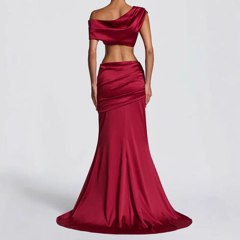 Off-Shoulder Satin Maxi Two-Piece Set Fonley