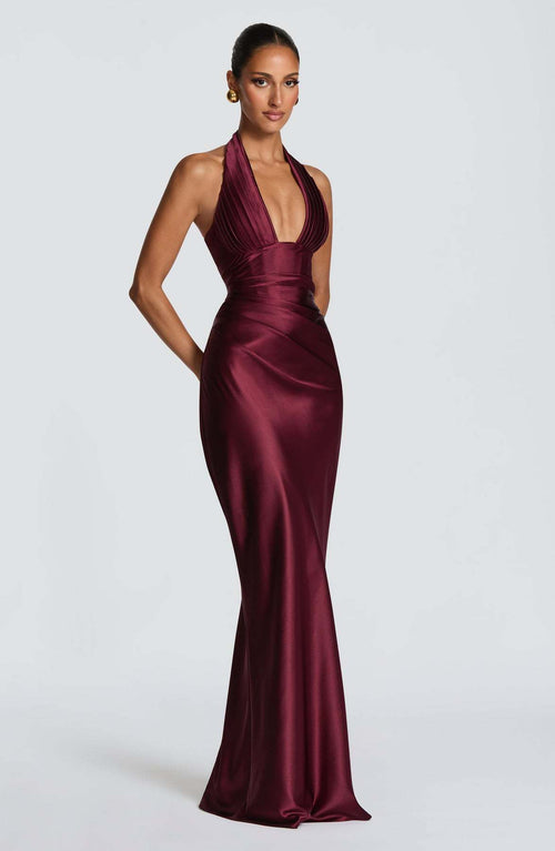 Halter Deep V-Neck Pleated Satin Maxi Dress|Color:Purple