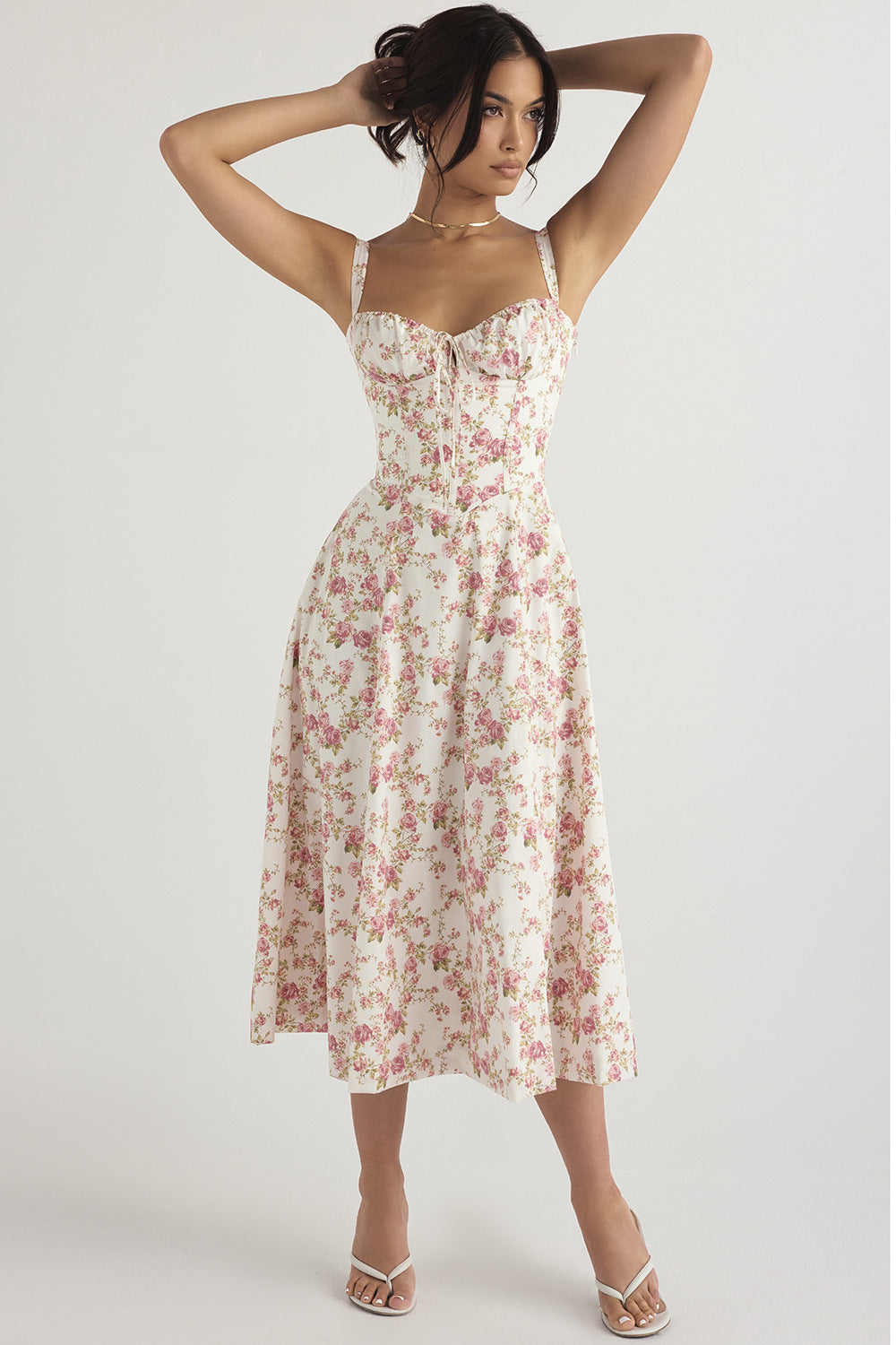 Floral Print Corset Midi Dress Fonley