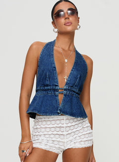 Halter Neck Lace-Up Backless Denim Top|Color:Dark Blue