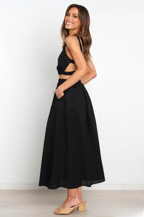 Slim-Fit Pleated Cotton Linen Midi Skirt|Color:Black