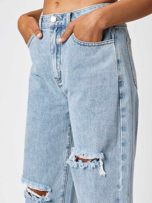 High-Waist Ripped Wide-Leg Denim Jeans|Color:Blue