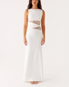 Round Neck Sleeveless Knit Maxi Dress|Color:White