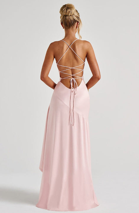 Ruffle Hem High-Low Satin Maxi Dress Fonley