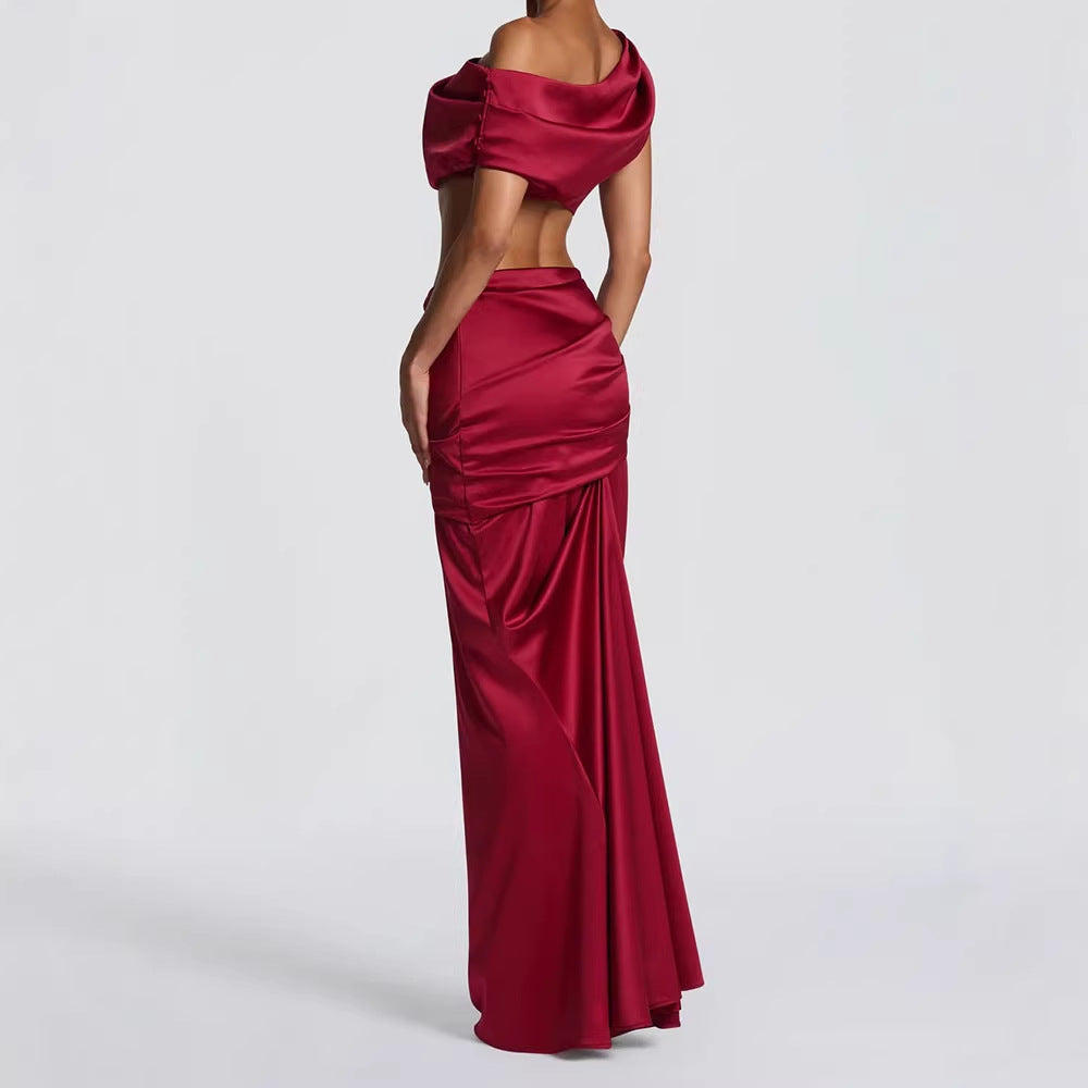 Off-Shoulder Satin Maxi Two-Piece Set Fonley