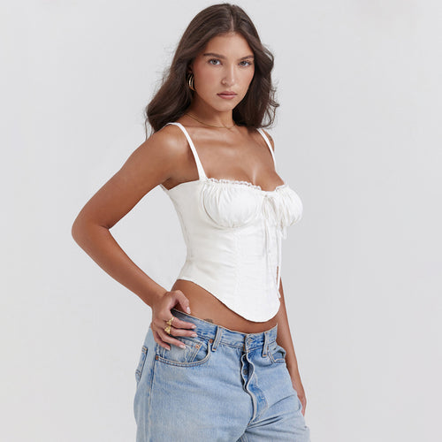 Lace Trim Strap Slim Fit Crop Top|Color:White