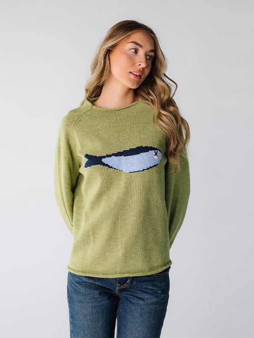 Carp Print Round Neck Pullover Sweater|Color:Green