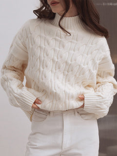 Mock Neck Textured Knit Sweater|Color:White