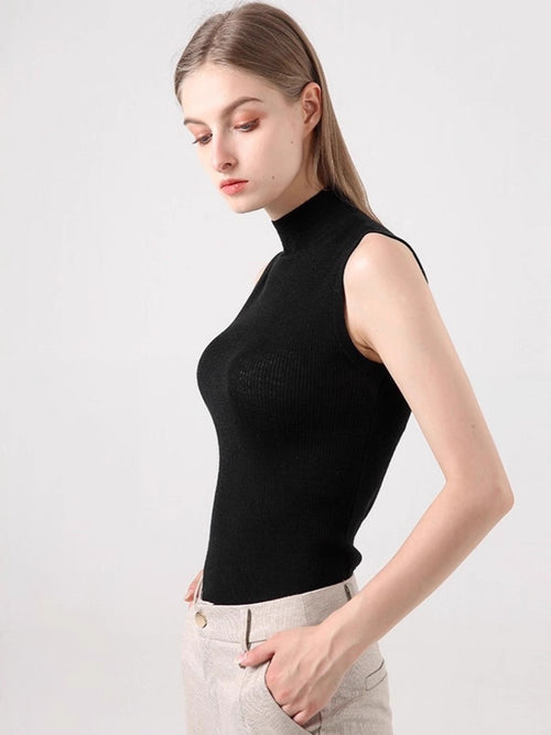 Half-Turtleneck Sleeveless Knit Vest|Color:Black