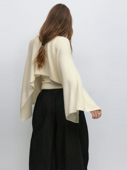 Round Neck Cape Sleeve Knit Sweater|Color:Beige