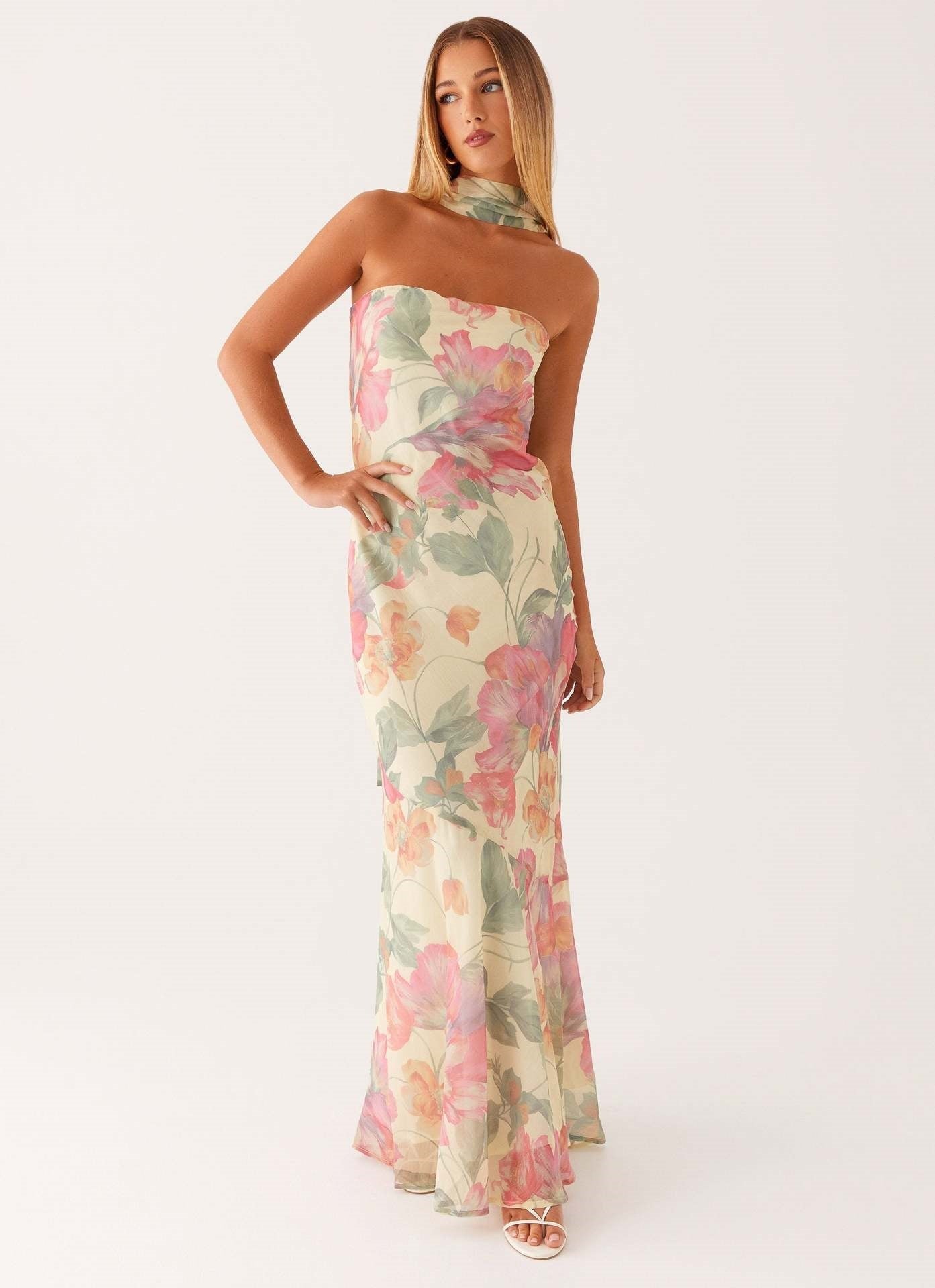 Floral Strapless Scarf Maxi Dress Fonley