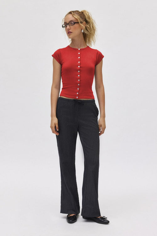 Button-Up Round Neck Cardigan|Color:Red