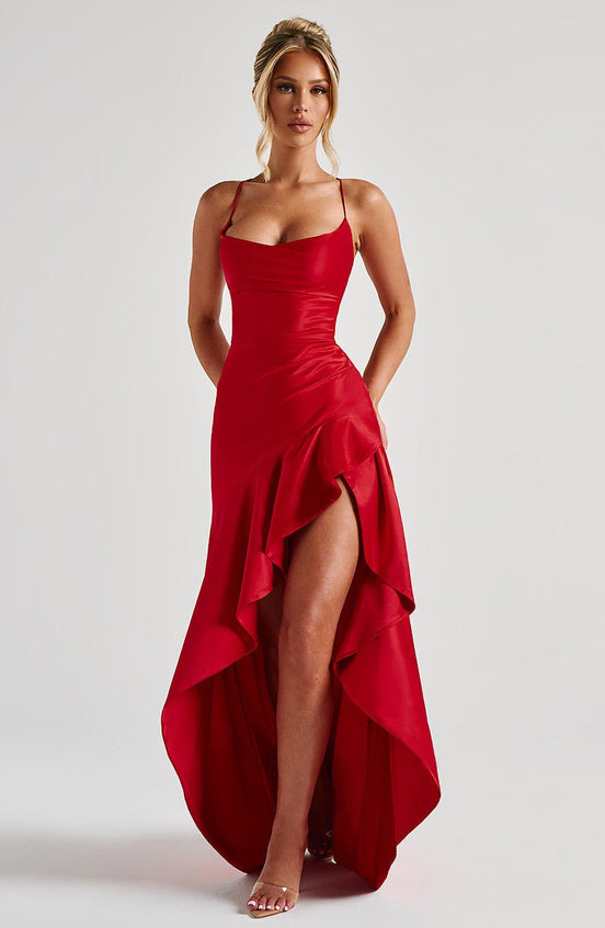Ruffle Hem High-Low Satin Maxi Dress Fonley