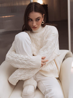 Mock Neck Textured Knit Sweater|Color:White