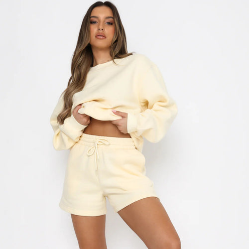 Round Neck Sweatshirt & Shorts Loungewear Set|Color:Yellow