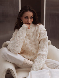 Mock Neck Textured Knit Sweater|Color:White
