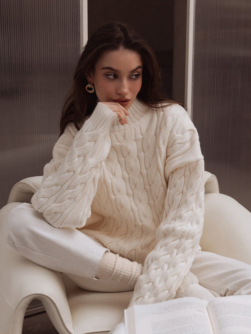 Mock Neck Textured Knit Sweater|Color:White