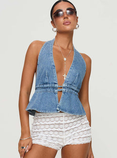 Halter Neck Lace-Up Backless Denim Top|Color:Blue