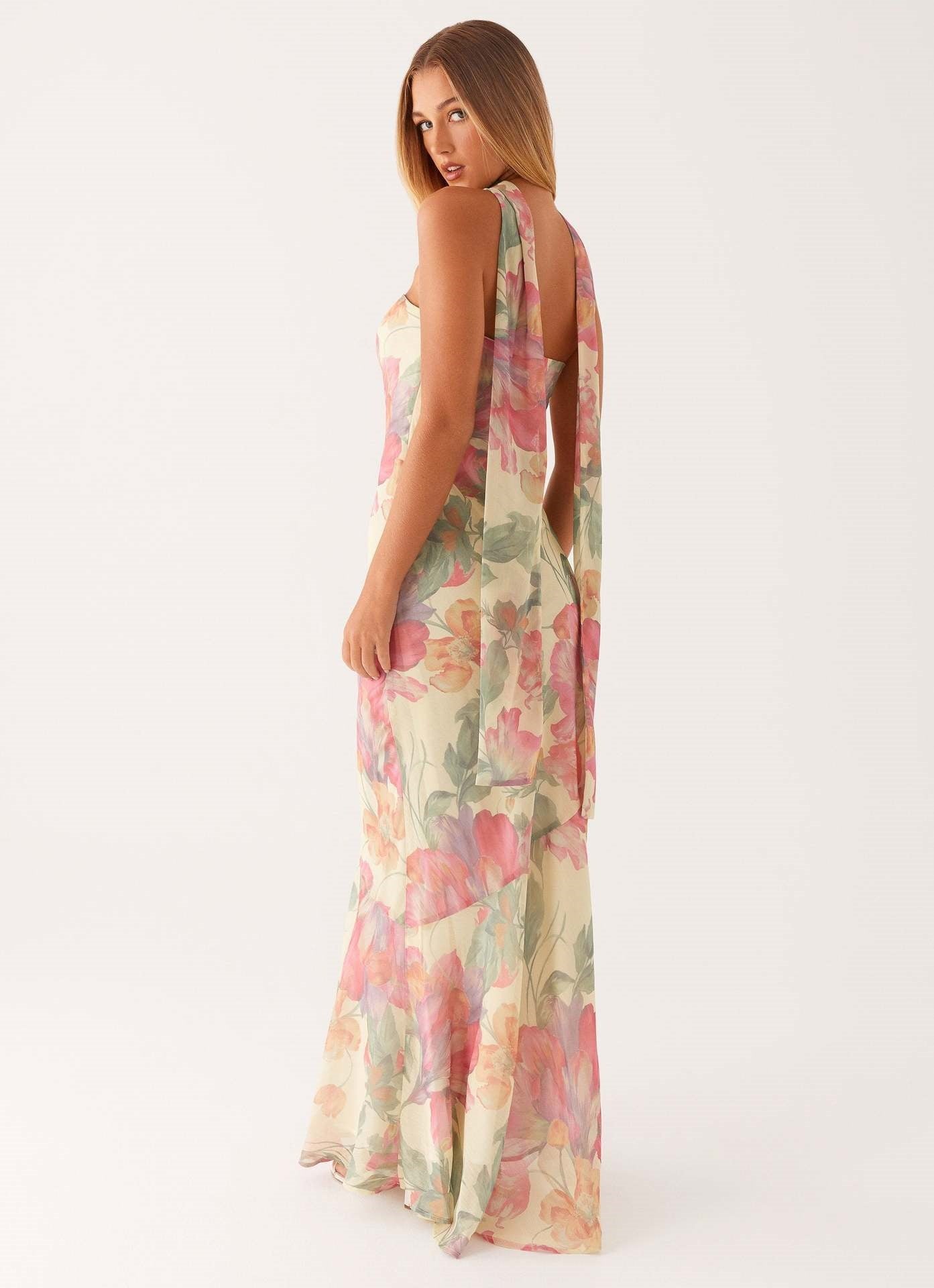 Floral Strapless Scarf Maxi Dress Fonley