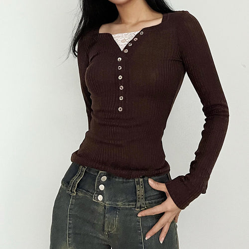 Lace Trim V-Neck Long Sleeve Knit Top|Color:Brown