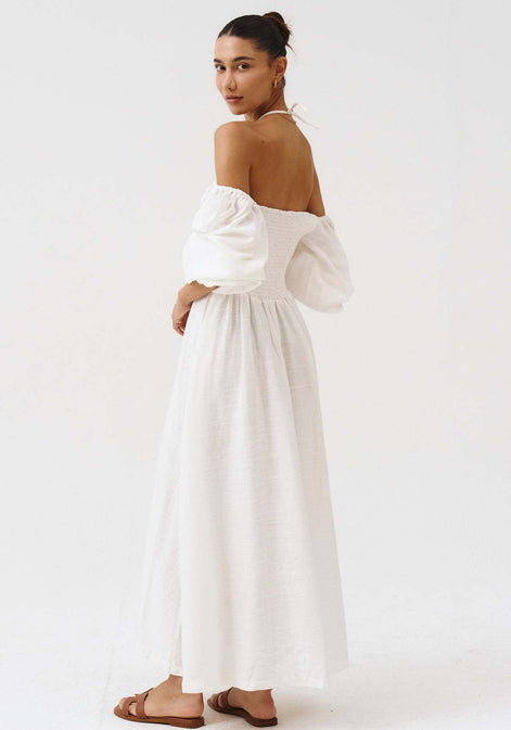Off-The-Shoulder Smocked Linen Maxi Dress Fonley