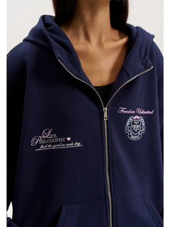 Zip-Up Hooded Cotton Sweatshirt|Color:Navy Blue