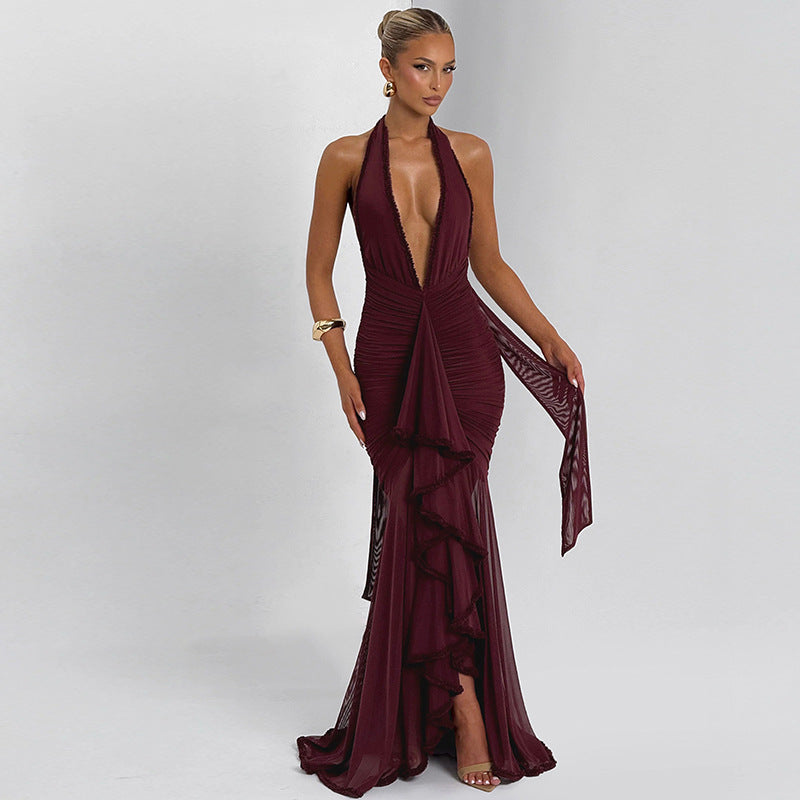 Plunging Ruffle Halter Maxi Dress Fonley