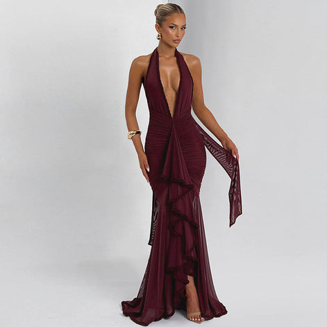 Plunging Ruffle Halter Maxi Dress Fonley