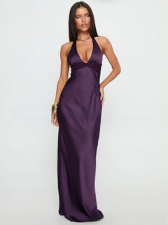 Deep V-Neck Pleated A-Line Midi Dress|Color:Purple
