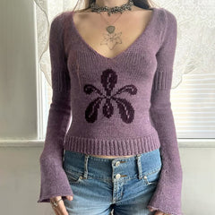 Floral V-Neck Cropped Knit Sweater|Color:Purple