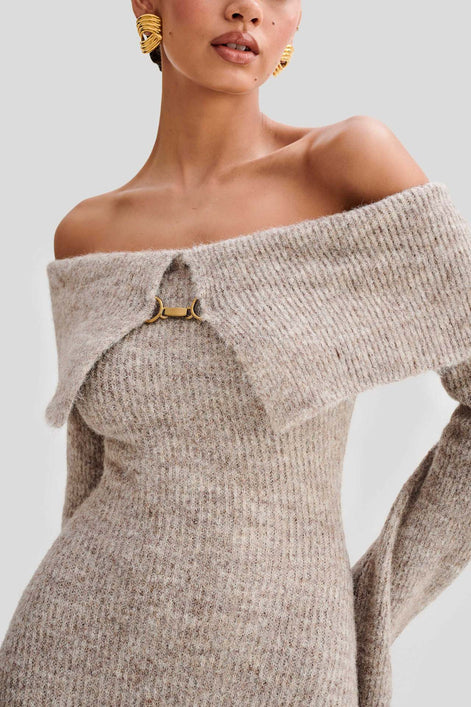 Off-The-Shoulder Buckle Detail Knit Midi Dress Fonley