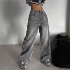 Relaxed High-Waist Straight-Leg Trousers|Color:Gray