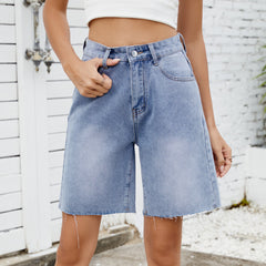 Washed Straight-Leg Frayed Hem Denim Shorts|Color:Blue