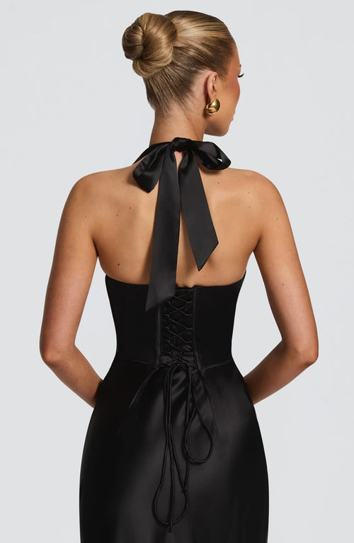 Halter Deep V-Neck Pleated Satin Maxi Dress|Color:Black