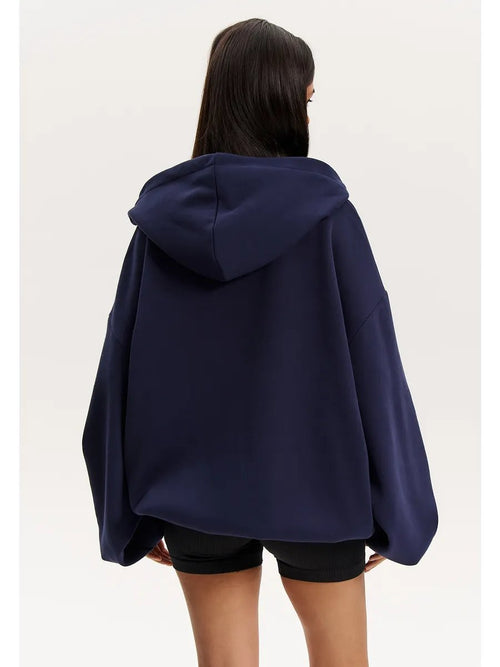 Zip-Up Hooded Cotton Sweatshirt|Color:Navy Blue