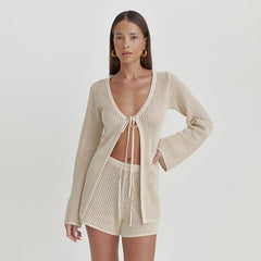 Hollow-Out Lace-Up Cardigan & Shorts Beach Set|Color:Beige