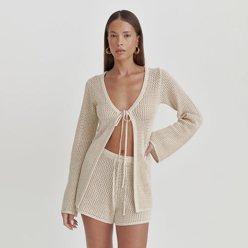 Hollow-Out Lace-Up Cardigan & Shorts Beach Set|Color:Beige