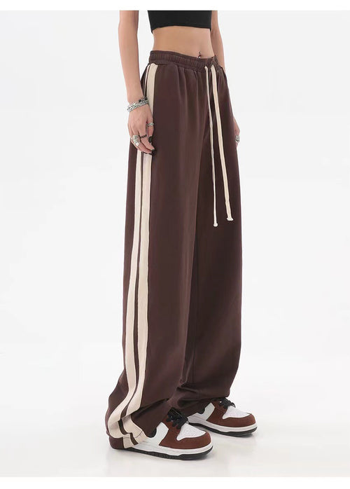 Striped High-Waist Wide-Leg Sweatpants|Color:Brown