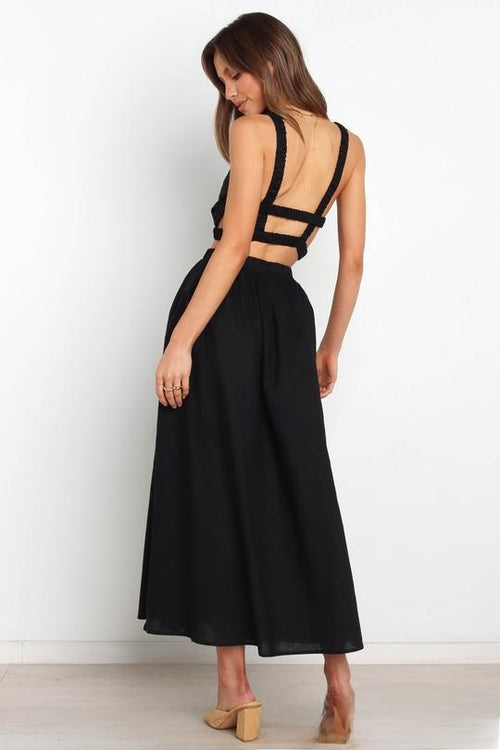 Slim-Fit Pleated Cotton Linen Midi Skirt|Color:Black