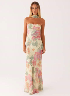 Floral Strapless Scarf Maxi Dress Fonley|Color:Beige