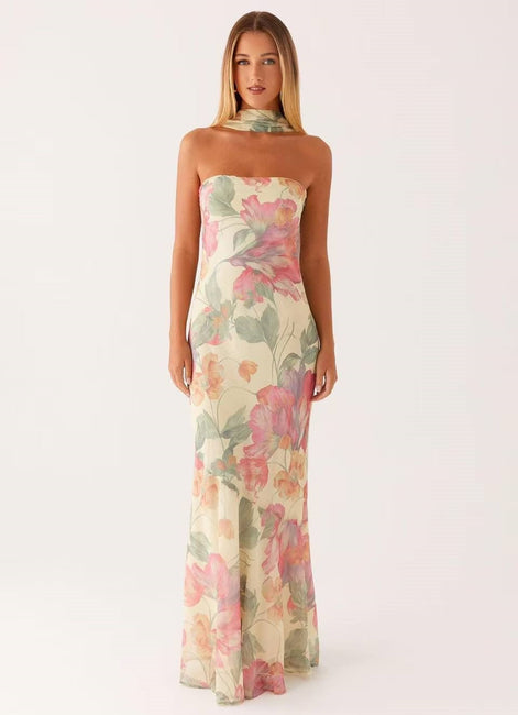 Floral Strapless Scarf Maxi Dress Fonley